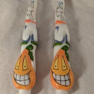 Vintage Pair Of Halloween Ghost And Pumpkin Taper Candles 11" Never Lit